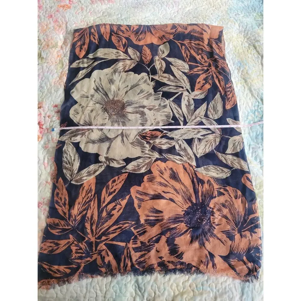 Floral Navy Rust Cream Oversized Scarf Wrap Shawl Lightweight Boho 70x23.5